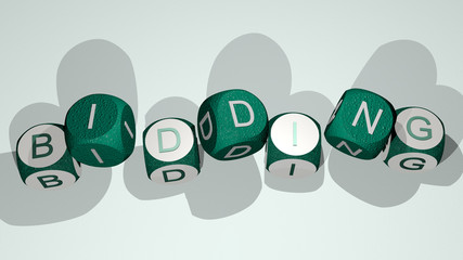 BIDDING text by dancing dice letters, 3D illustration for auction and business