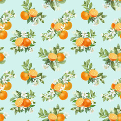 Seamless pattern with hand drawn blooming orange tree branches on a blue background