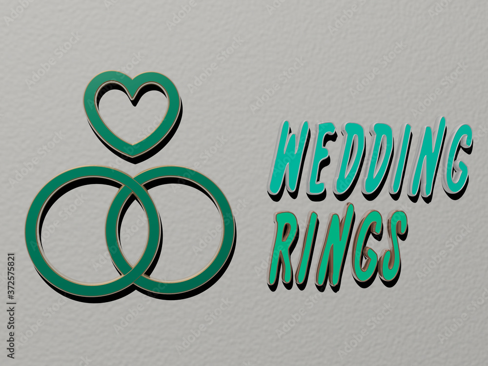 Poster 3d graphical image of wedding rings vertically along with text built by metallic cubic letters from 