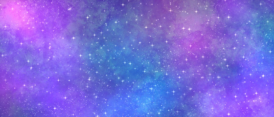 cosmic bright blue magenta grunge watercolor background with stars and shine, sparkles and clouds.