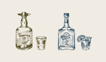 Bottle of tequila Glass shot with lime and label for retro poster or banner. Mexican drink. Engraved hand drawn vintage sketch. Woodcut style. Vector illustration.