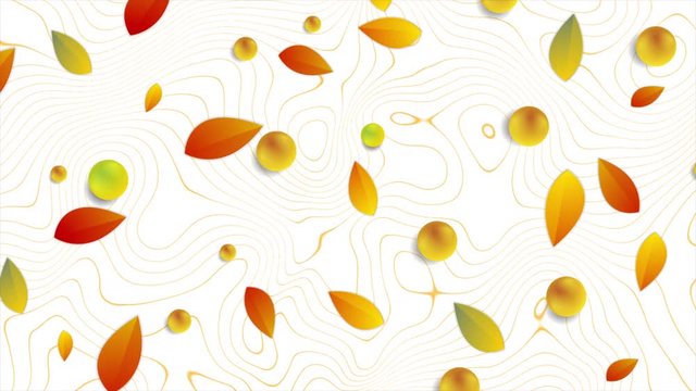 Autumn leaves and glossy beads on white background abstract motion design