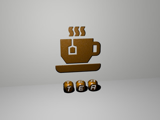 3D illustration of tea graphics and text made by metallic dice letters for the related meanings of the concept and presentations for background and cup