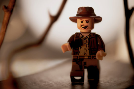 NEW YORK USA, JUNE 27 2020: Lego Mini Figure Depicting A Scene From Raiders Of The Lost Ark With Indiana Jones Running Through A Jungle
