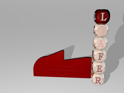 loafer 3D icon beside the vertical text of individual letters, 3D illustration