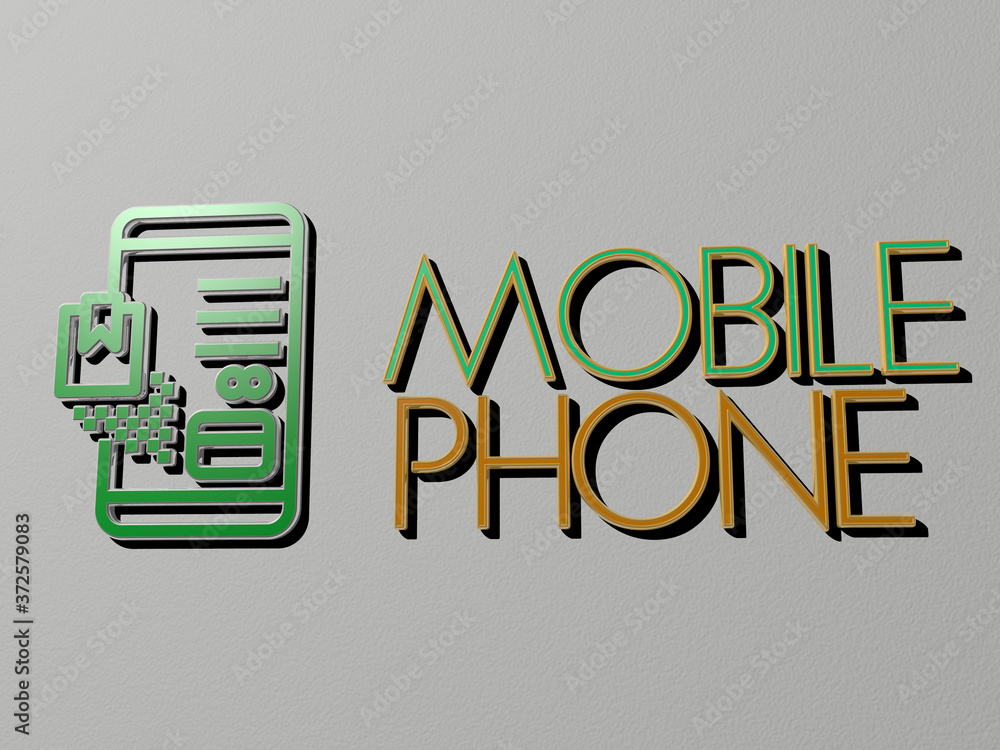 Poster 3d representation of mobile phone with icon on the wall and text arranged by metallic cubic letters 
