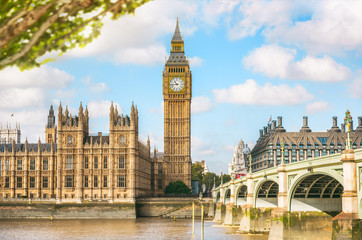 Fototapeta na wymiar London travel landscape background of Big Ben Clock Tower Palace of Westminster, Parliament of the United Kingdom. Spring Europe tourist destination.