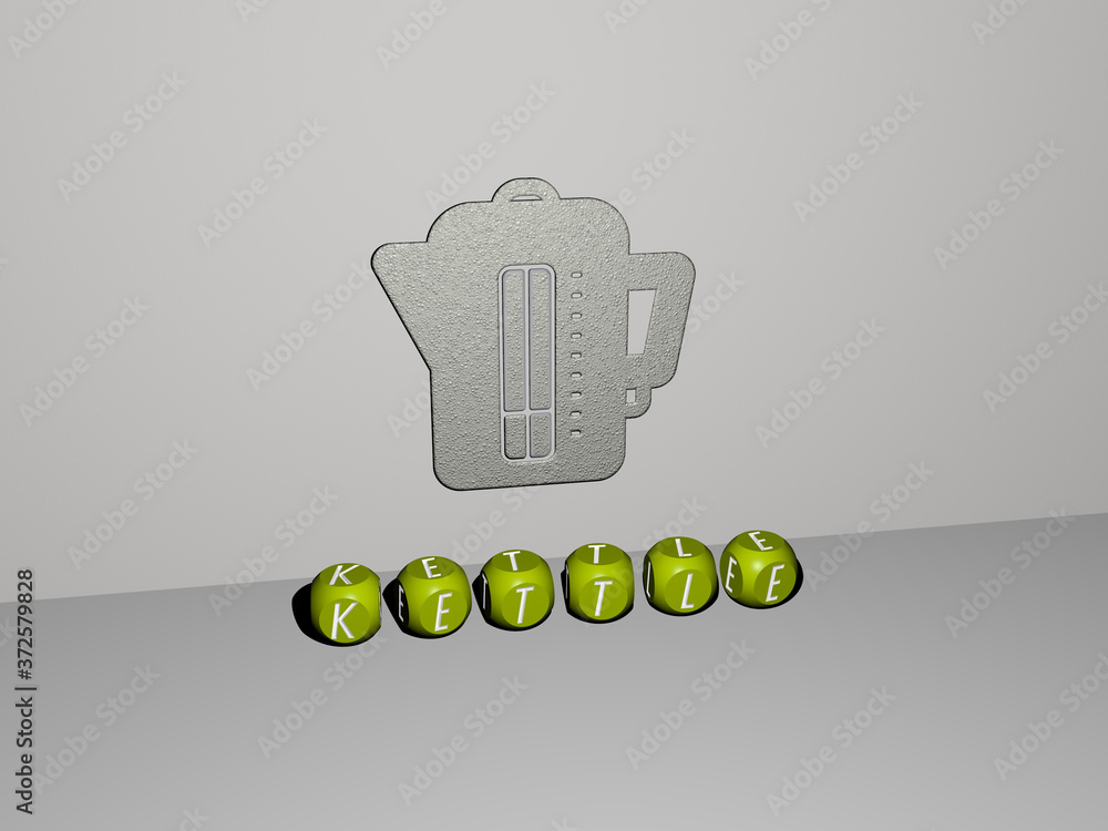 Poster 3d representation of kettle with icon on the wall and text arranged by metallic cubic letters on a m