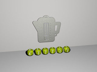 3D representation of KETTLE with icon on the wall and text arranged by metallic cubic letters on a mirror floor for concept meaning and slideshow presentation for illustration and background
