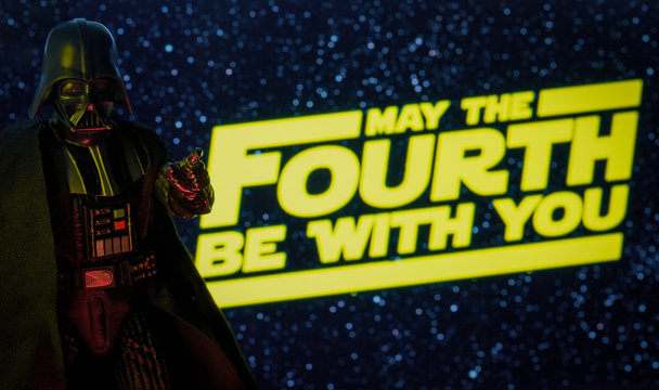 NEW YORK USA, APRIL 26 2020: Star Wars Day concept - May the Fourth Be With You with Darth Vader - Hasbro action figure
