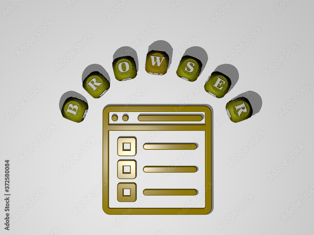 Poster browser icon surrounded by the text of individual letters, 3d illustration for computer and business