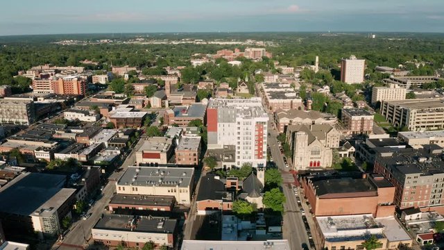 The downtown city skyline is featured inside Columbia MO in an aerial view