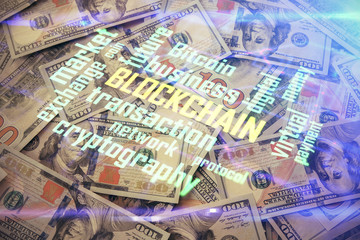 Multi exposure of crypto theme drawing over us dollars bill background. Concept of blockchain success.
