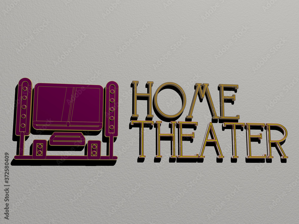 Poster 3d graphical image of home theater vertically along with text built by metallic cubic letters from t