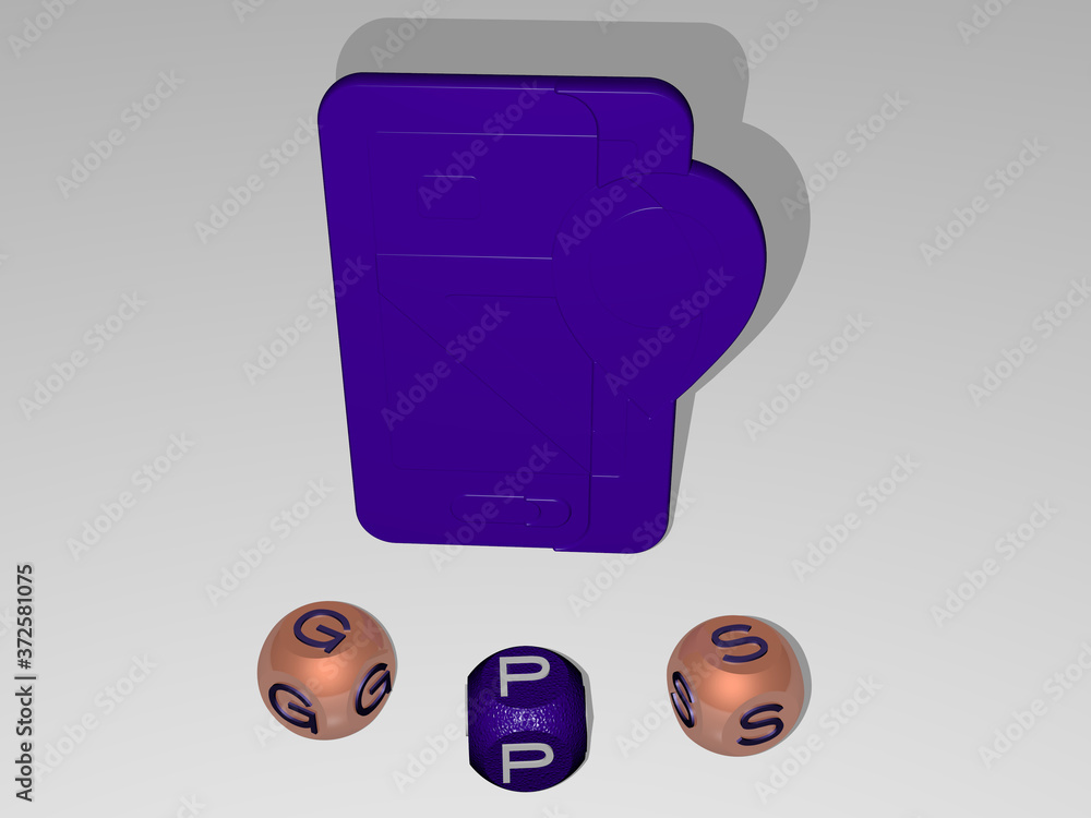 Aufkleber gps round text of cubic letters around 3d icon, 3d illustration for map and location