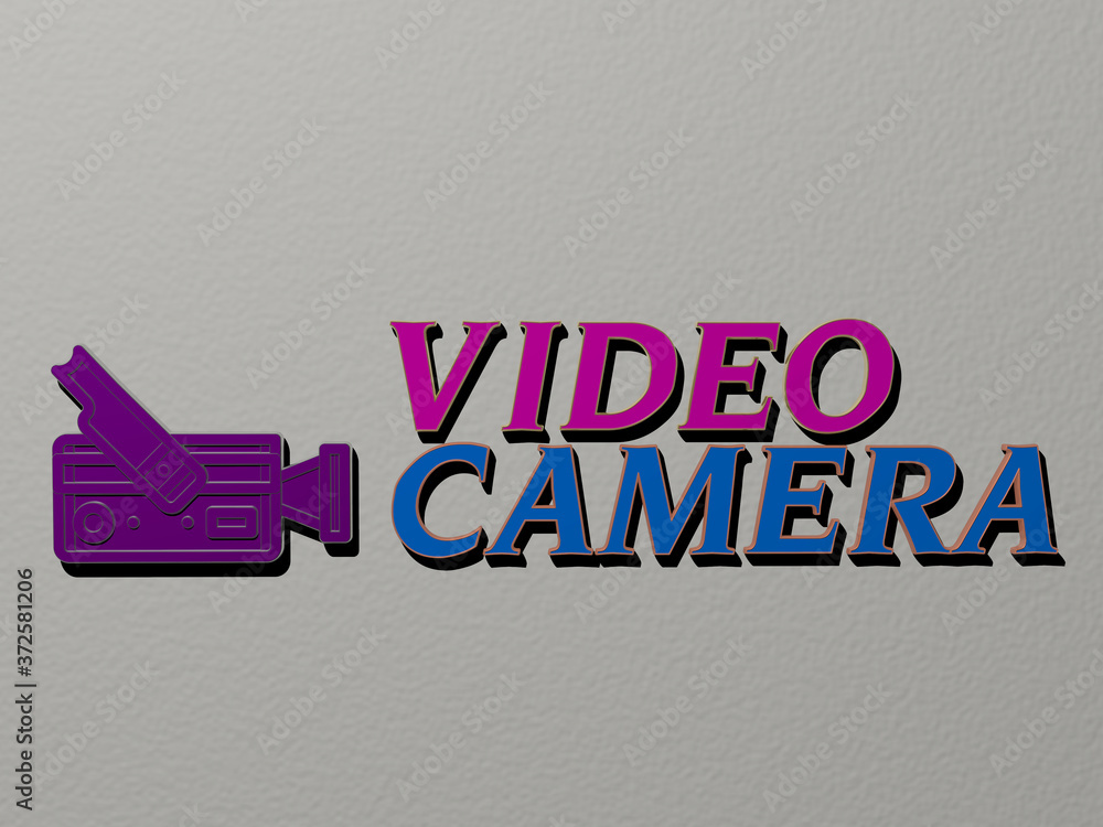 Poster 3d illustration of video camera graphics and text made by metallic dice letters for the related mean