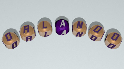 ORLANDO curved text of cubic dice letters, 3D illustration for florida and editorial