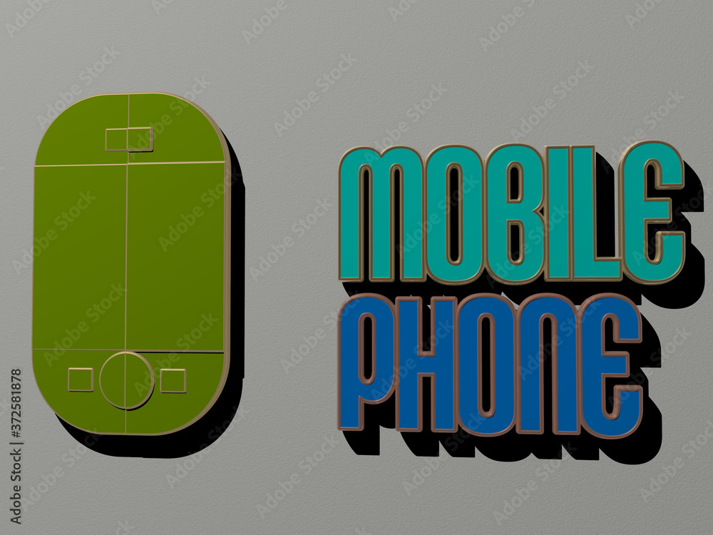 Poster 3d graphical image of mobile phone vertically along with text built by metallic cubic letters from t
