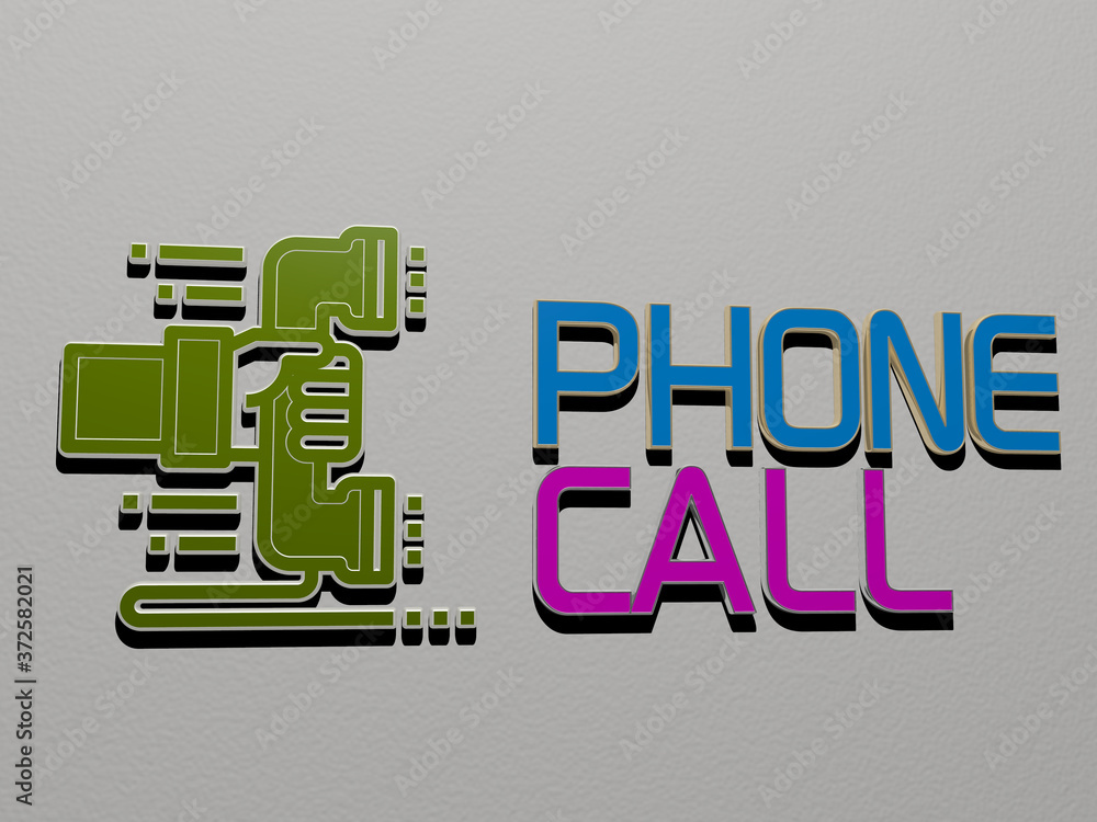 Poster 3d representation of phone call with icon on the wall and text arranged by metallic cubic letters on