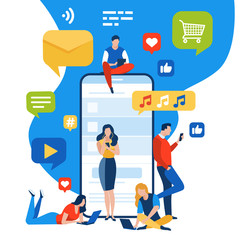 The flow of entertainment. People consuming internet content. Mobile communication and social network concept. Vector illustration of a young people using devices..