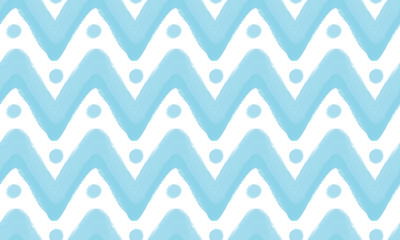 blue white seamless festive cheerful cute cool background painted with brush strokes, simple and cute. Blue zigzag and dots on a white background.