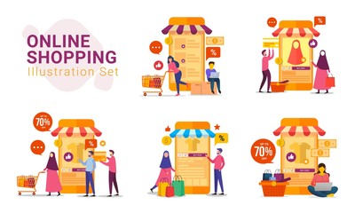 Online shopping with mobile device vector illustration set