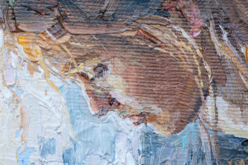 Macro. Fragment of oil painting. Portrait of a girl on white background. Art.