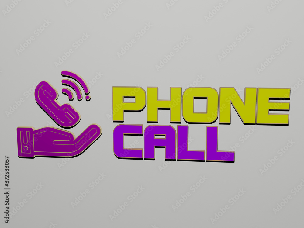 Poster 3d graphical image of phone call vertically along with text built by metallic cubic letters from the