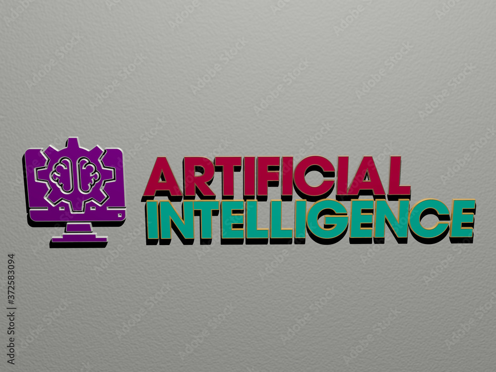 Poster 3d representation of artificial intelligence with icon on the wall and text arranged by metallic cub