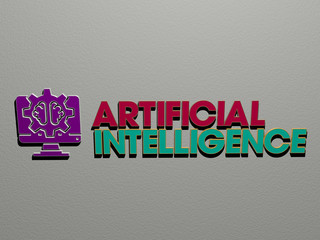 3D representation of artificial intelligence with icon on the wall and text arranged by metallic cubic letters on a mirror floor for concept meaning and slideshow presentation for illustration and