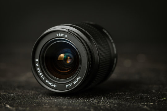macro shot of zoom camera lens on the black background