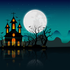 Vector Halloween pumpkins and dark castle on blue Moon and River background