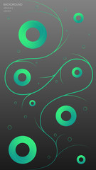 Vector abstract background. A dark gradient from gray to black. Swirl the rings and lines brightly across the background, and the linear circles are distributed across the blue-green artboard.