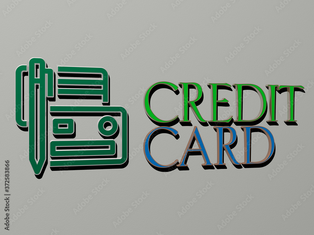 Poster 3d graphical image of credit card vertically along with text built by metallic cubic letters from th