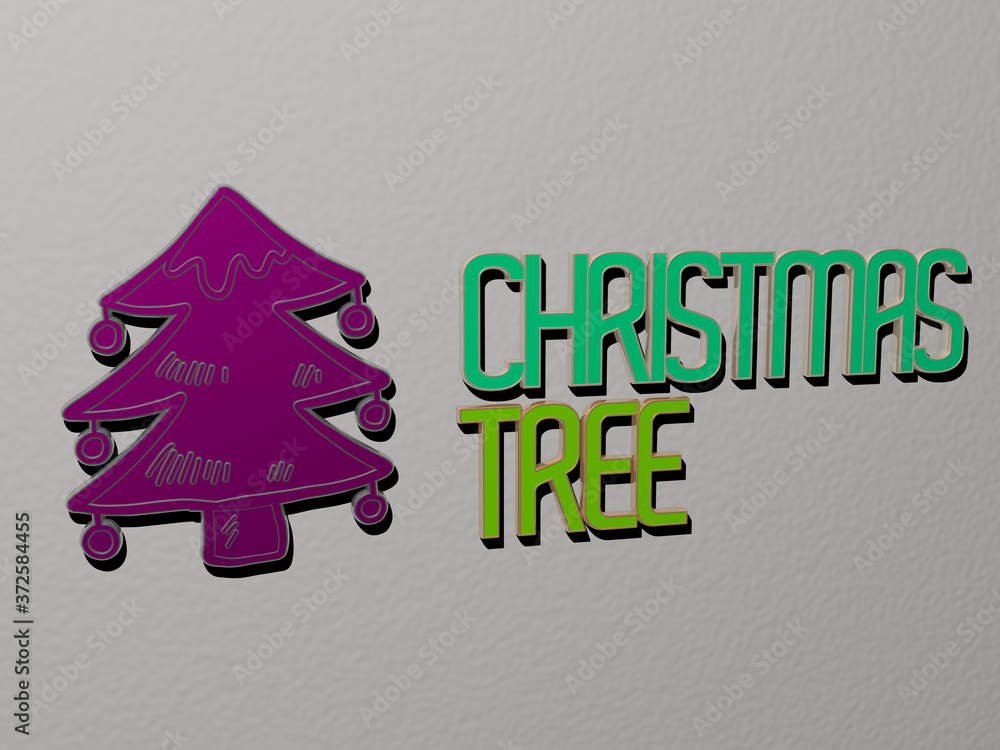 Poster 3d illustration of christmas tree graphics and text made by metallic dice letters for the related me