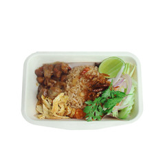 Rice mixed with shrimp paste in foam box isolated on white background.