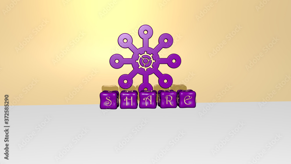 Poster 3d illustration of share graphics and text made by metallic dice letters for the related meanings of