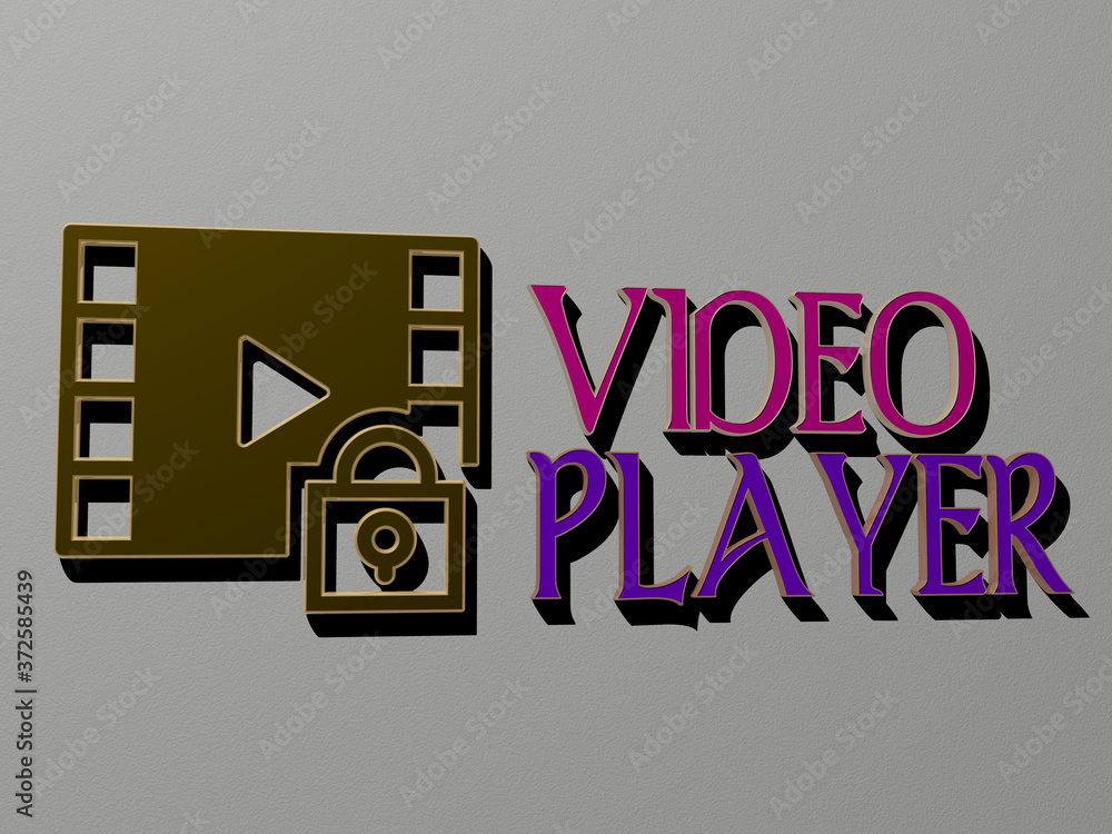 Poster 3d graphical image of video player vertically along with text built by metallic cubic letters from t