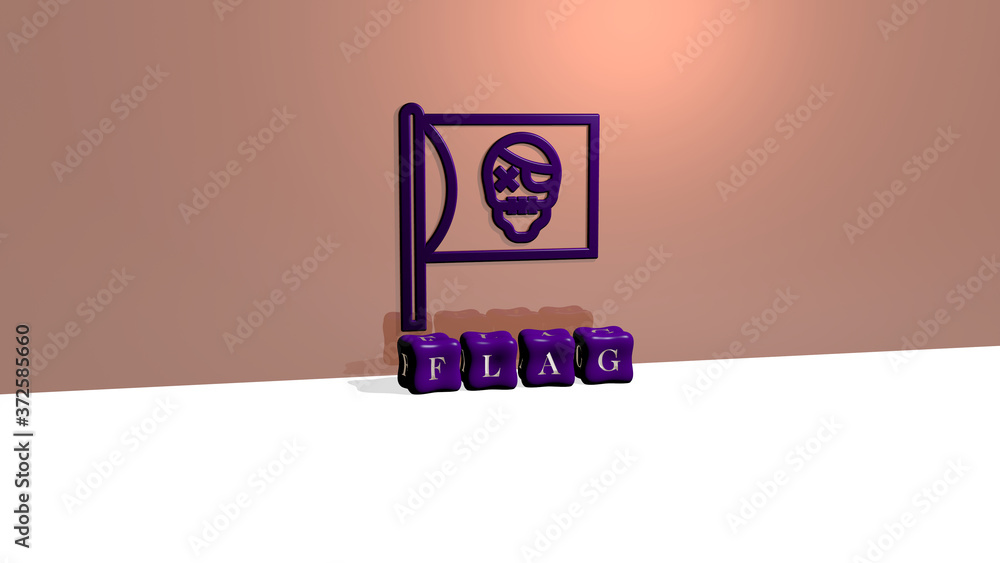 Poster 3d graphical image of flag vertically along with text built by metallic cubic letters from the top p