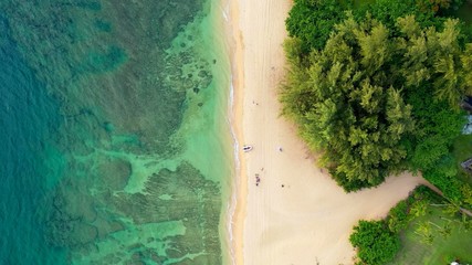 Aerian view of a beach of Hawaii with a white boat