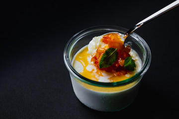 delicious pudding with peach topping