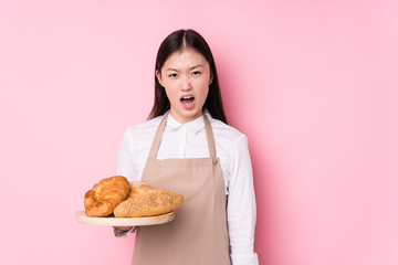 Young chinese baker woman isolated screaming very angry and aggressive.
