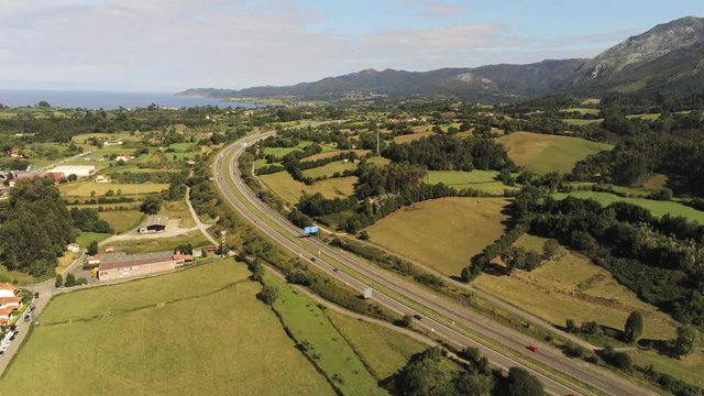 Road For Cars. Highway in Colunga,Asturias. Spain. Aerial drone Footage