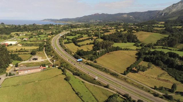 Road For Cars. Highway in Colunga,Asturias. Spain. Aerial drone Footage