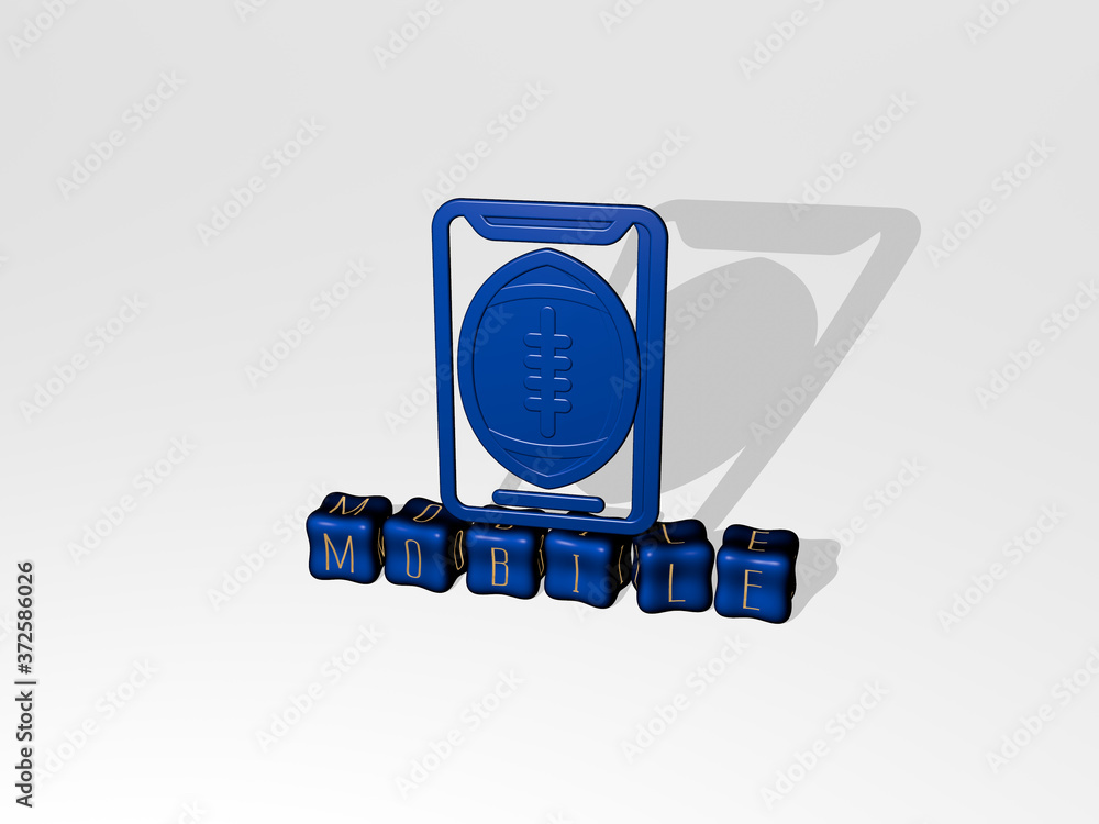 Poster mobile 3d icon object on text of cubic letters, 3d illustration for design and background