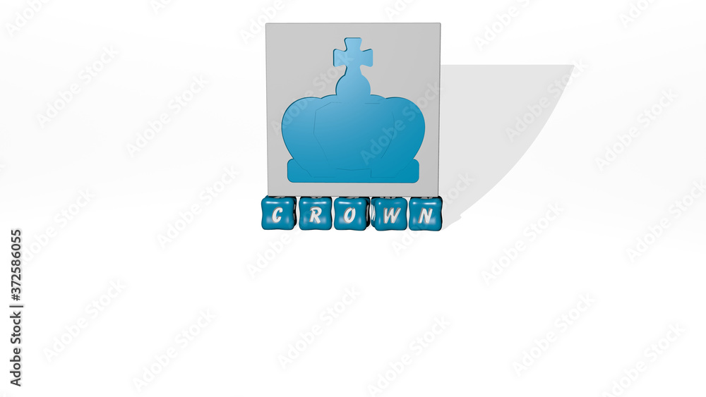 Poster 3d graphical image of crown vertically along with text built by metallic cubic letters from the top 
