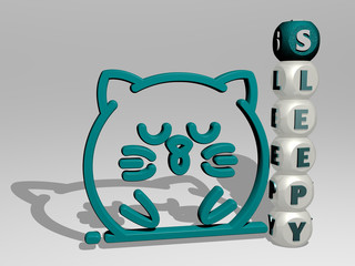 sleepy 3D icon beside the vertical text of individual letters, 3D illustration for tired and background
