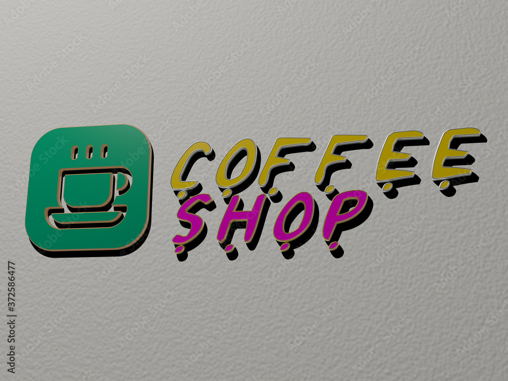 Poster 3d graphical image of coffee shop vertically along with text built by metallic cubic letters from th
