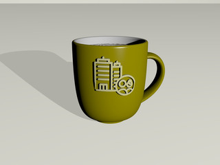 3D illustration of hotel icon embossed on a coffee cup over a white background having shadows for building and architecture