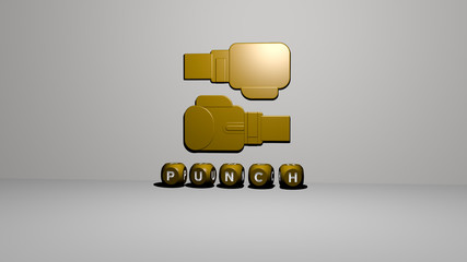 PUNCH 3D icon on the wall and text of cubic alphabets on the floor, 3D illustration for background and boxing